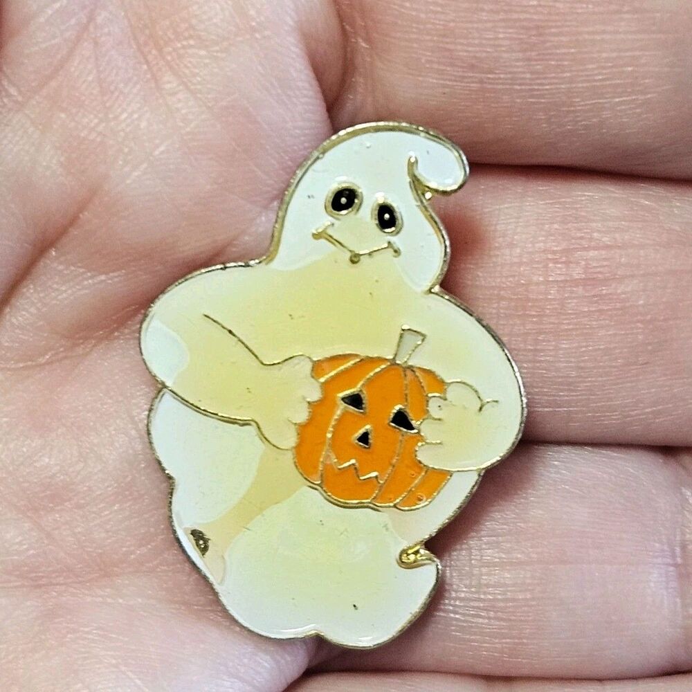 Gold Tone White Ghost Holding Orange Pumpkin Pin Vintage Enamel Lapel Halloween